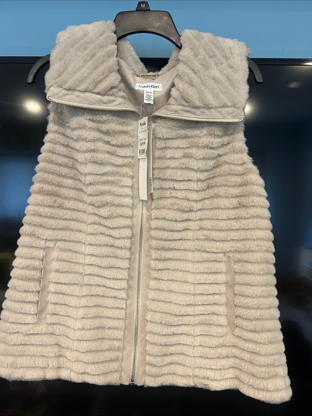 Calvin Klein Cream Plush Faux Fur Zip-Front Vest
